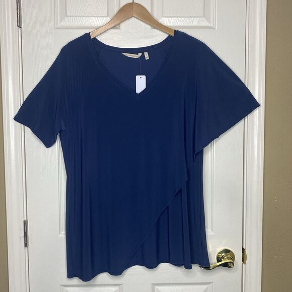 Soft Surroundings Madeline Tunic Top Overlay Cape-Like Short Sleeve Navy Size 1X - Picture 1 of 15